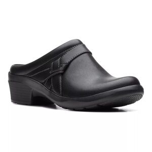 Clarks Black Leather Mules with Chunky Heel